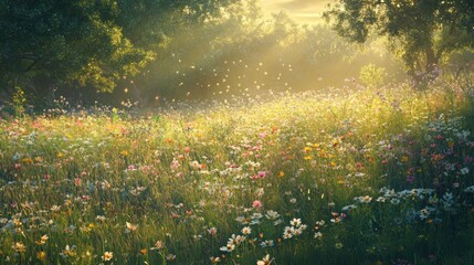 Fototapeta premium Sunlit Meadow with Wildflowers and Sunlight Filtering Through Trees