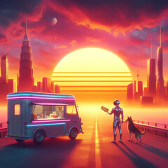 car, cartoon, bus, hot dog, sandwich, road, illustration, synthwave, transport, vector, travel, transportation, vehicle, sky, city, van, auto, red, school, holiday, retro, landscape, trip, automobile,
