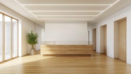 Obraz premium White wall light wood desk with glass on the right side, rectangular windows on both sides of wooden frame