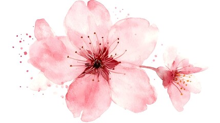 Delicate Watercolor of Blossoming Cherry Flower with Soft Pink Petals