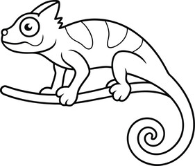 Chameleon outline or line art or sketch silhouette vector illustration with smooth lines white background.