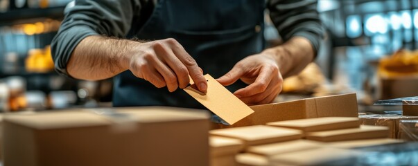 Close-up of a person packaging products in boxes while attaching blank labels, highlighting the process of product preparation and organization.