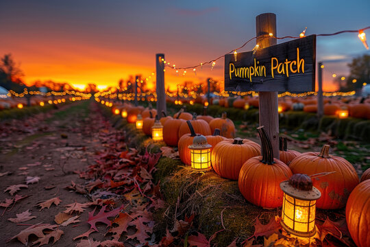 Twilight glow in a pumpkin patch at dusk