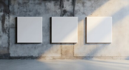 Set of three blank white poster mockup canvas on the wall, concrete background, minimalistic hyper realistic artwork template