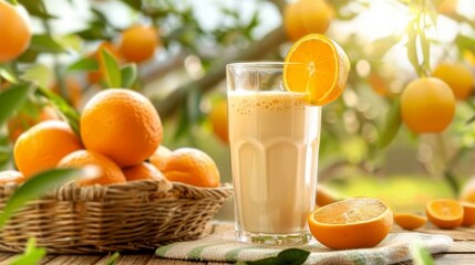 Milkshake drink with orange and pieces of fruit on wooden table among orange trees