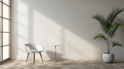 A minimalist living room with a white chair, side table, and potted plant against a white wall. Sunlight streams in from a large window.