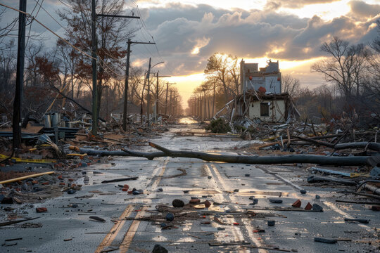 Aftermath of a storm with debris and destruction