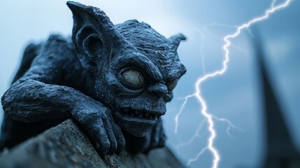 A stone gargoyle perched on a rooftop, illuminated by lightning during a storm, creating an eerie and dramatic atmosphere.