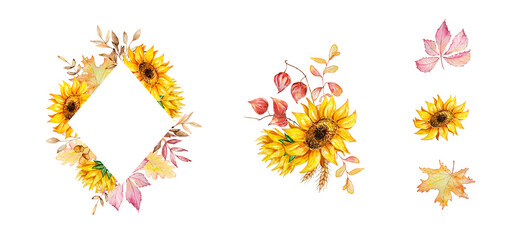Watercolor autumn frames set with sunflowers and fall leaves