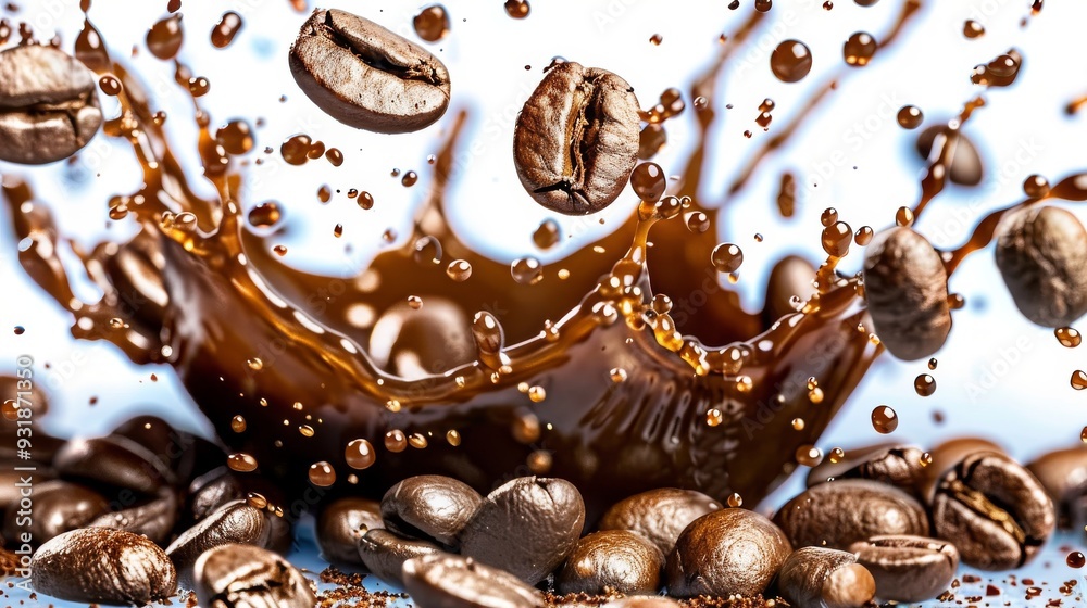 Sticker coffee splash with coffee beans on white background