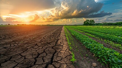 A dry, cracked land transitioning to a fertile field with crops, symbolizing drought resilience and successful land restoration