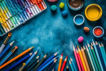 Vibrant Art Supplies Spread Across a Colorful Surface