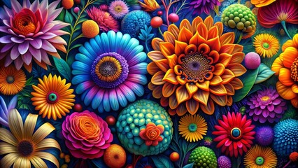 1. Visceral blooms dripping with toxic vitality, releasing kaleidoscopic visions that warp and twisting perceptions.