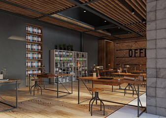 open office space with wooden floors and brick walls