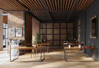 open office space with wooden floors and brick walls