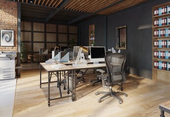 open office space with wooden floors and brick walls