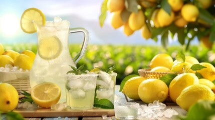 Lemonade with ice on a wooden table with a lemon field in the background