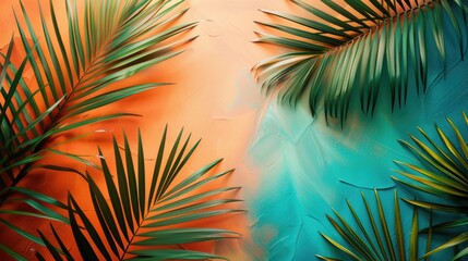 Palm tree leaves on colorful backdrop with room for text