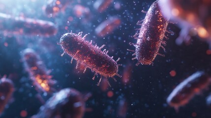 Microscopic World: A mesmerizing visual exploration of microscopic life, where vibrant bacteria dance in a swirling nebula of color. The image captures a sense of wonder and awe