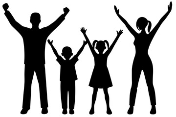 Excited Family Cheering with Arms Raised, Vector Illustration, Group Celebration