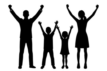 Excited Family Cheering with Arms Raised, Vector Illustration, Group Celebration