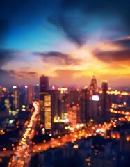 Bright glowing lights of district in megapolis under dusk sky in evening on blurred background. Bokeh