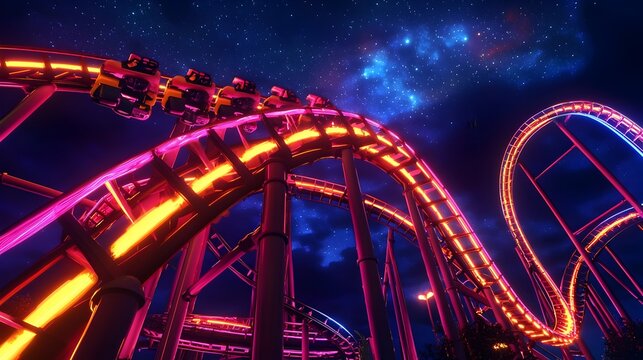 Neon-Illuminated Rollercoaster Glides Through Starry Night Landscape