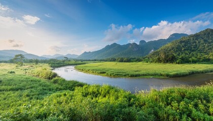 mountain with river clean and green field