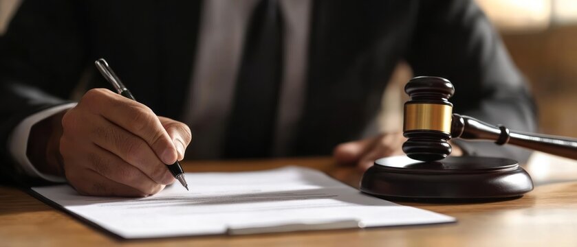 Lawyer Signing Legal Documents with Gavel in Background