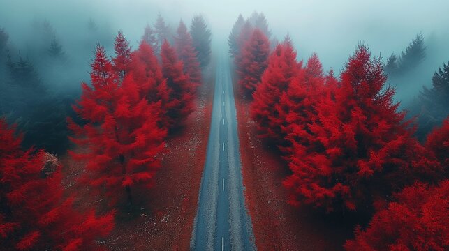 Asphalt road across misty autumn forest image. Modern highway in red trees wood aerial view photography scene wallpaper. Travelling through fall countryside concept photorealistic photo