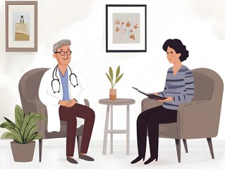 Fototapeta premium Empathetic Doctor Discussing Treatment Plan with Concerned Cancer Patient in Calm Supportive Medical Setting