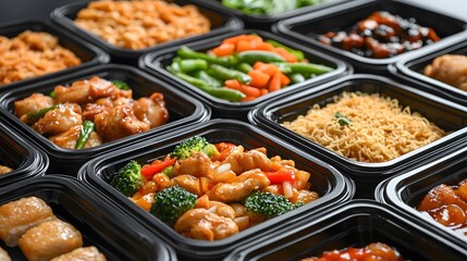 Fototapeta premium A black plastic food container filled with chicken balls, rice, and vegetables is seen in the middle of an array of other healthy meal boxes