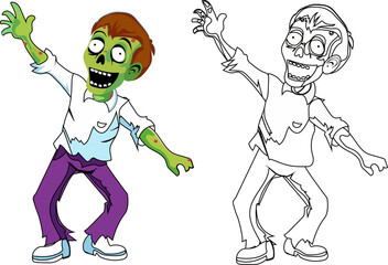 Cheerful smiling creepy dead zombie man. Line and vector illustrations for children's coloring book and book