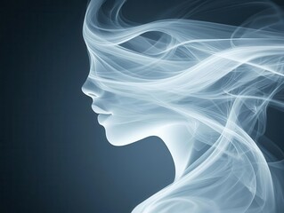 Mysterious silhouette of a woman surrounded by ethereal smoke, creating an enchanting and dreamlike atmosphere.