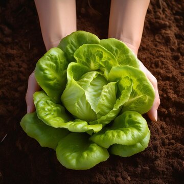 From above big green lettuce in hands on loose soft earth in garden