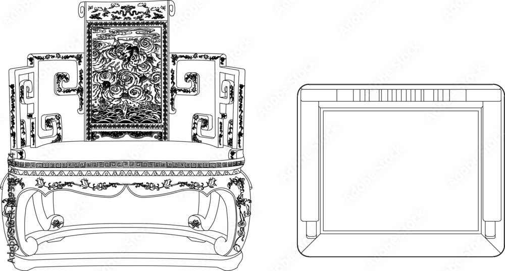 Wall mural vector sketch illustration silhouette design of antique ethnic vintage chair furniture full of carve