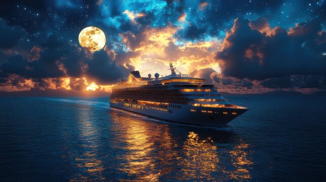 A cruise ship sailing under a vibrant sunset and moonlit sky.