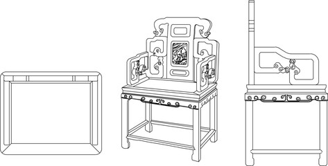 Vector sketch illustration silhouette design of antique ethnic vintage chair furniture full of carved ornate wooden ornaments