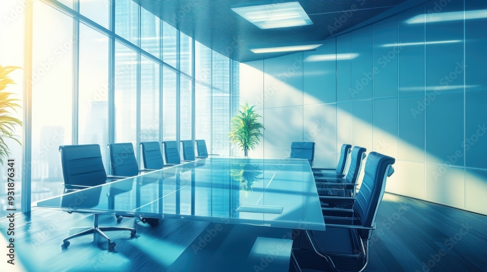 Canvas Prints A Modern Glass Conference Table in a Sunlit Office