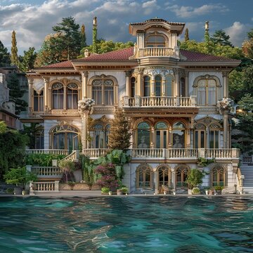 Turkish Yalı Waterfront Mansions on background