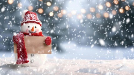 Fototapeta premium Winter arrival concept with Snowman with a blank placard in his hand