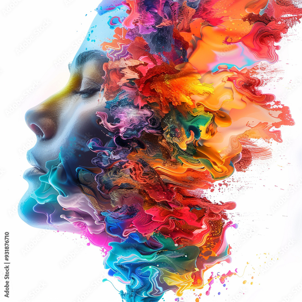 Wall mural art abstract face profile colors colorful paint explosion splash creativity digital vibrant artistic creative expression head modern contemporary design visual 