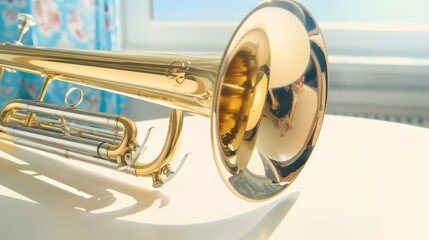 Obraz premium View of the bell of a trombone on a white table