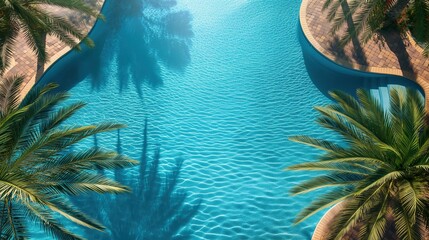 Palm trees near clear swimming pool image. Sunny poolside of exotic resort aerial view photography scene wallpaper. Comfortable place at summer resort concept photorealistic photo