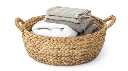 A woven basket with handles filled with fluffy towels.
