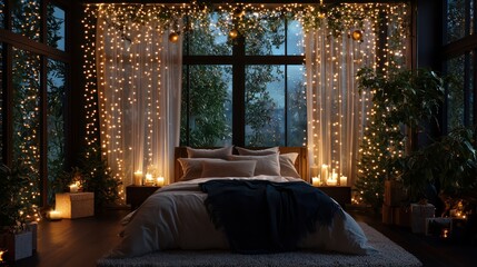 A bedroom with a bed, a nightstand, and a potted plant. The room is decorated with Christmas lights and candles