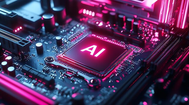 An AI chip on a motherboard glows with pink neon lights, emphasizing the blend of technology and vibrant aesthetics.