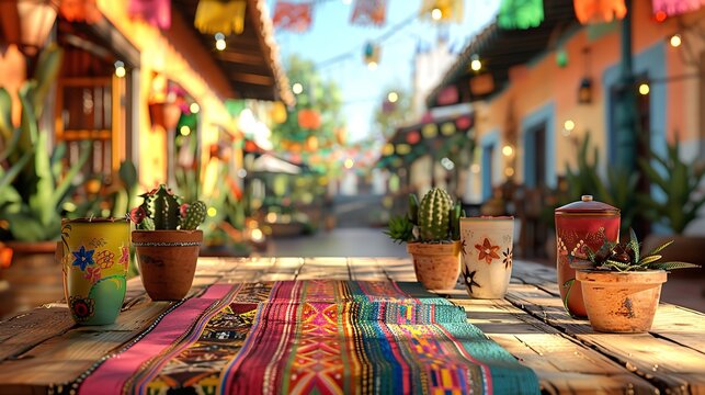 Empty table with Mexican fiesta decorations with out of