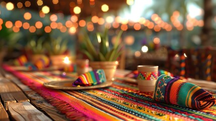 Empty table with Mexican fiesta decorations with out of