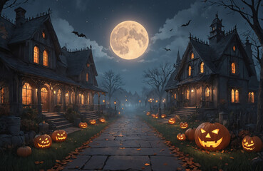 3d halloween render haunted house moon night pumpkin